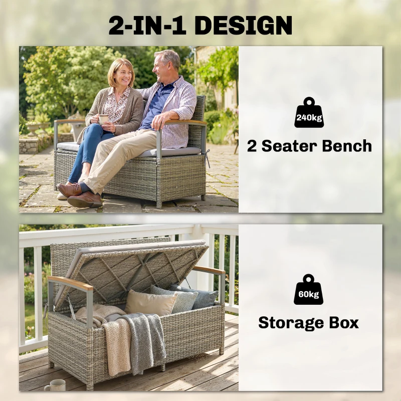 Outsunny 170 L Garden Storage Bench with Zipped Liner, 2 Seater Rattan Garden Bench with Storage, Gas Strut, Cushion, Light Grey