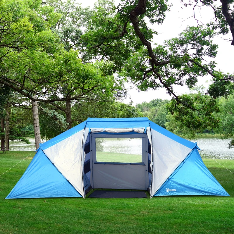 Outsunny Tente de camping familiale 4 personnes tente dôme étanche légère, ventilée 2 cabines fenêtre grande porte facile à monter 4,3L x 2,4l x 1,7H m bleu blanc