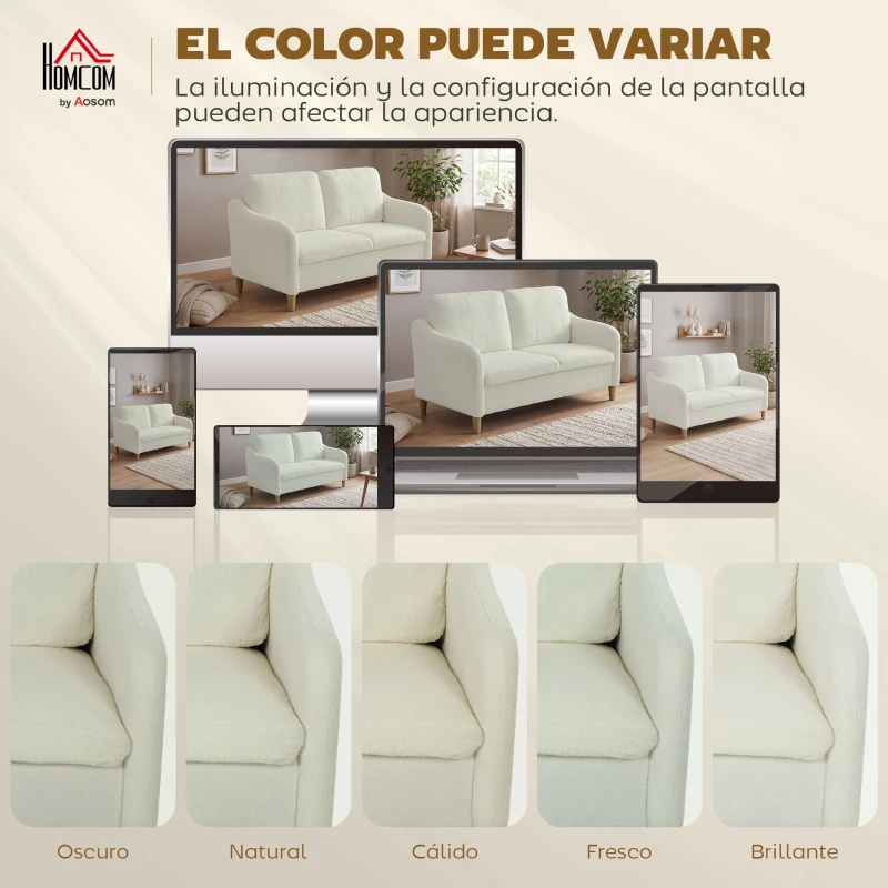 HOMCOM Sofá 2 Plazas Moderno con Cojines Gruesos y Revestimiento Sherpa, 137x69x82 cm, Crema