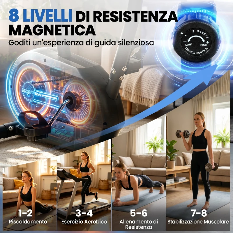 SPORTNOW Cyclette Magnetica con Resistenza a 8 Livelli, Display LCD e App Bluetooth, Metallo, 86x51x128 cm, Nero
