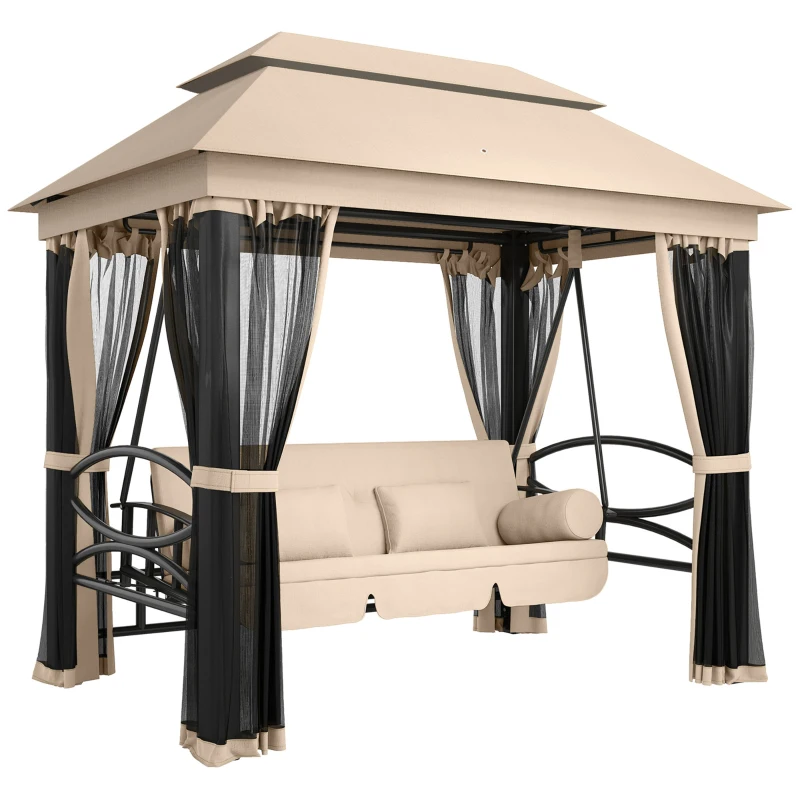 Outsunny Balancelle de Jardin 3 Places Convertible Style Colonial Grand Confort 5 Coussins + Matelas + moustiquaires Inclus 2,56L x 1,72l x 2,48H m Marron Clair