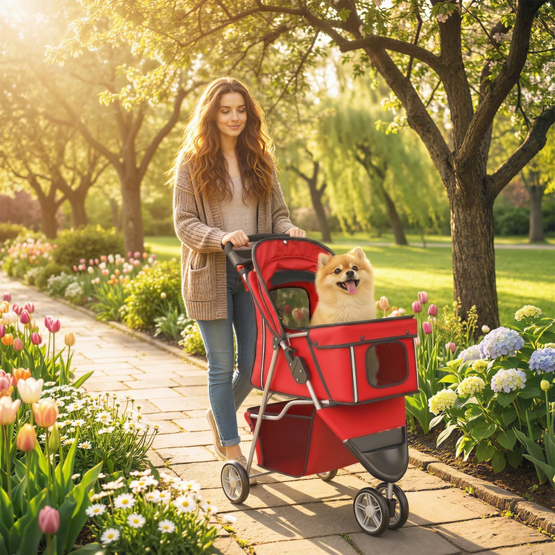 PawHut Hondenbuggy Inklapbaar met Opbergmand, Kussen, Mesh-Ramen en Bekerhouder voor Kleine Honden tot 10 kg Rood