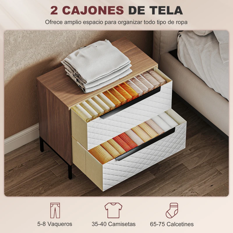 HOMCOM Cómoda con 2 Cajones de Tela Frentes con Patrón de Diamante para Salón Oficina Vestidor Natural y Blanco