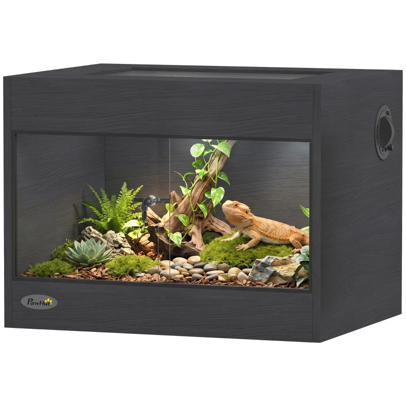 PawHut Terariu pentru Reptile din lemn OSB, uşă din sticlă securizată, încuietoare de siguranţă şi capac detaşabil, 60x45x45cm, Negru