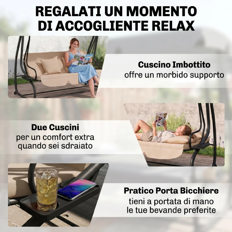 Outsunny Dondolo Letto da Giardino 3 Posti con Tetto Regolabile e Vassoio, 200x120x164 cm, Marrone Chiaro
