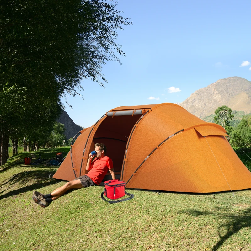 Outsunny 4 Man Camping Tent, UV Protection Tunnel Tent with 2 Bedrooms and Living Area, Large Hiking Sun Shelter, 430 x 240 x 170 cm, Orange