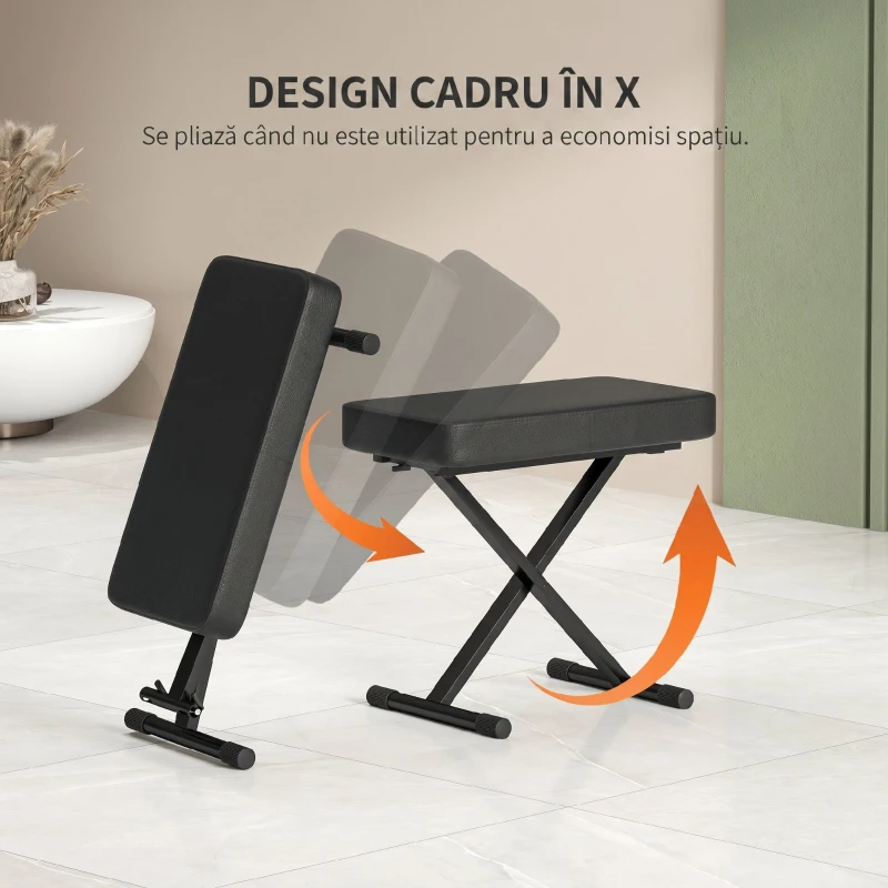 HOMCOM Scaun pentru Pian Pliabil și Reglabil pe 4 Înălțimi, din Piele PU, Spumă și Metal, 60x32x53-63 cm, Negru