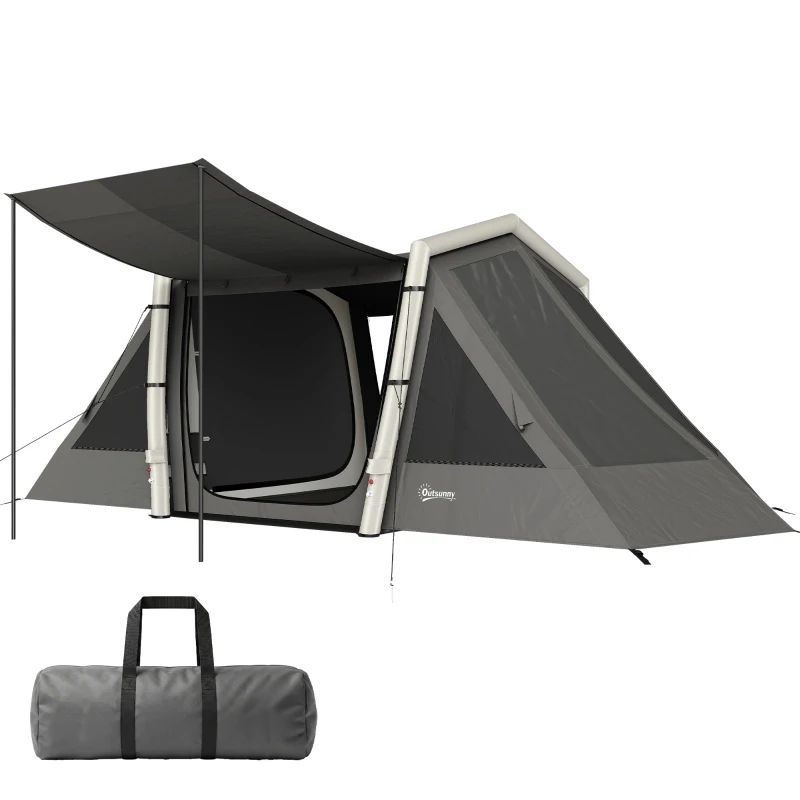 Outsunny Tente Gonflable de Camping 4 Personnes Blackout Tente à Air 5,8m de Long 2 Chambres et Séjour 580x270x202cm Gris Foncé