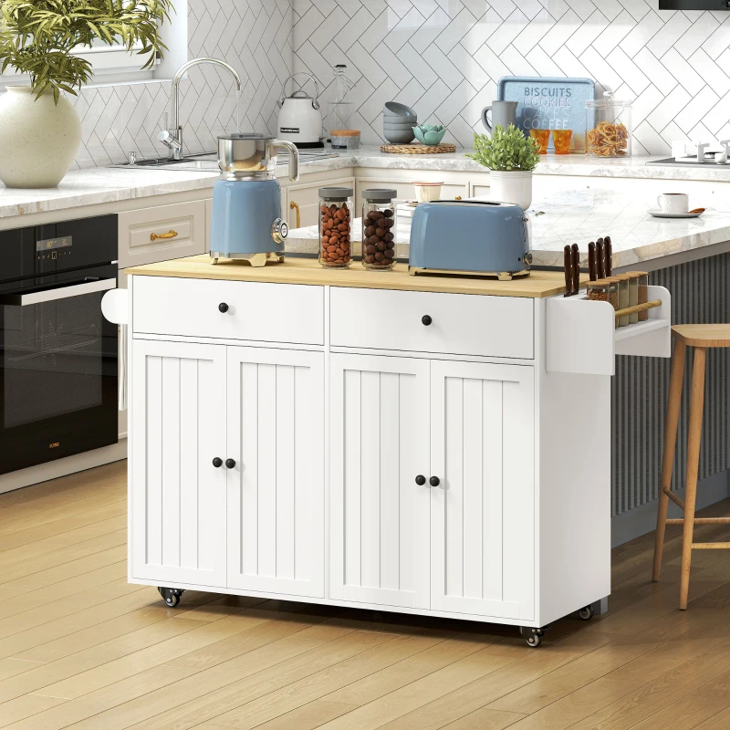 HOMCOM Isla de cocina con ruedas, 2 cajones, 2 armarios, móvil, estante para especias, toallero, soporte para cuchillos, MDF, Blanco