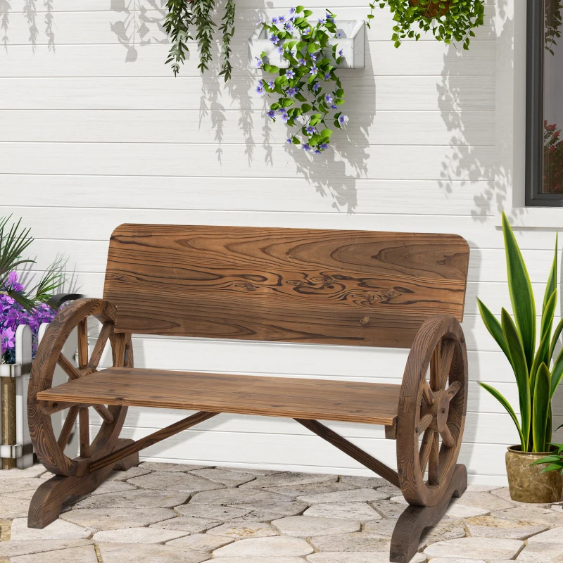 Outsunny Banco de Exterior de Madera con Reposabrazos y 2 Ruedas Decorativas Estilo Rústico Carga 250 kg 114x58x80 cm Carbonizado