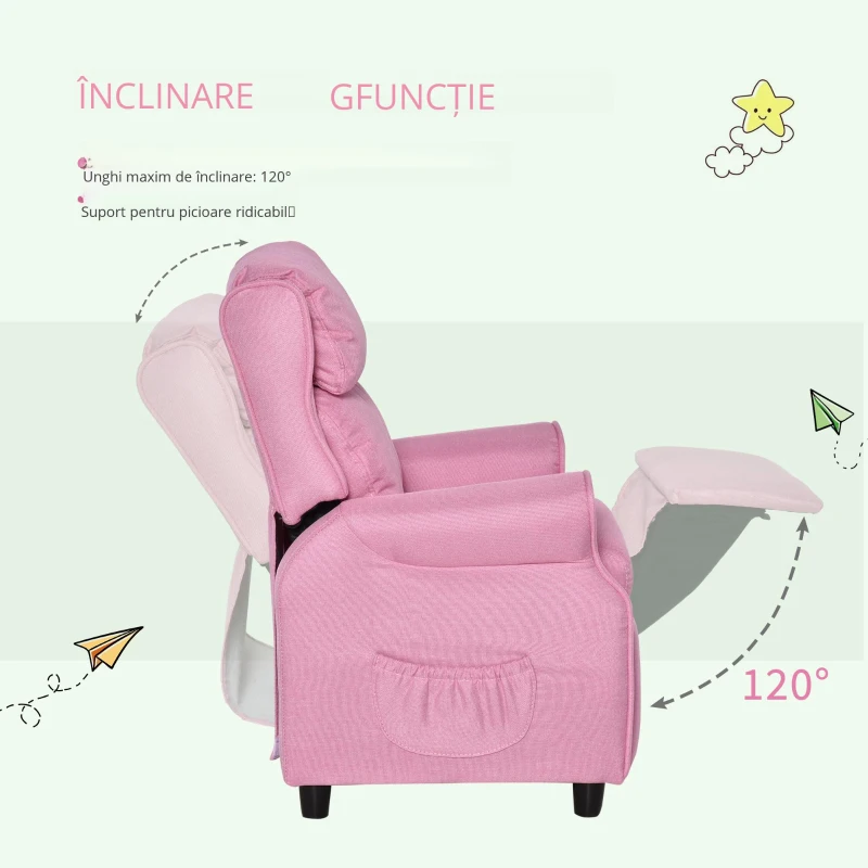 HOMCOM Kindersofa Kindercouch Kindersessel Sessel Liegesofa reglabil cu suport pentru picioare pentru copii între 3-5 ani băieți și fete Roz 58 x 53 x 70 cm