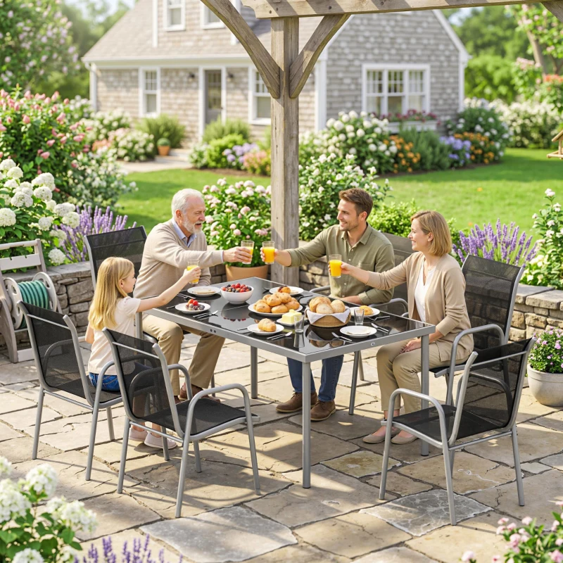 Outsunny Conjunto de Mesa y Sillas Jardín con Mesa de Vidrio Templado y 6 Sillas Apilables Transpirables para Terraza Negro