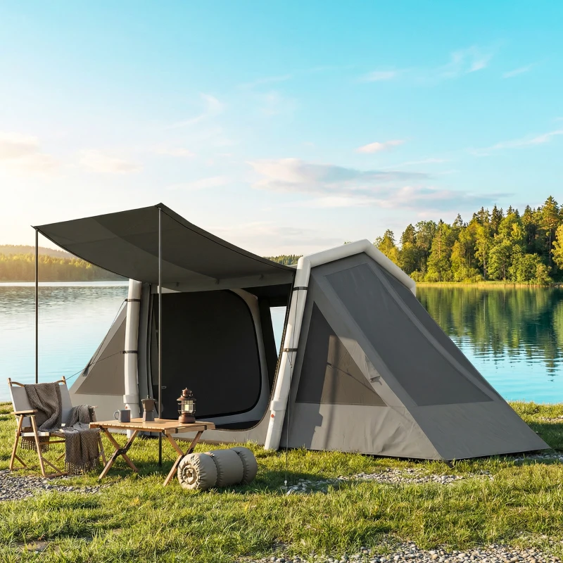 Outsunny Tente Gonflable de Camping 4 Personnes Blackout Tente à Air 5,8m de Long 2 Chambres et Séjour 580x270x202cm Gris Foncé