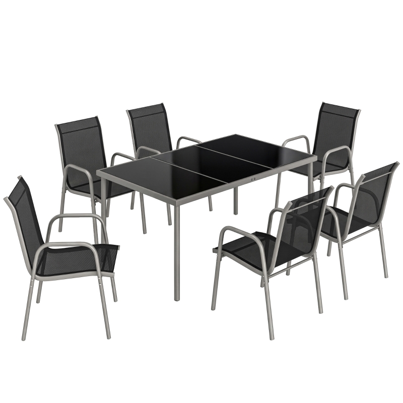 Outsunny Tuinmeubelset 7-delig 150 x 90 cm tafel met 6 ademende stoelen, gehard glazen tafelblad
