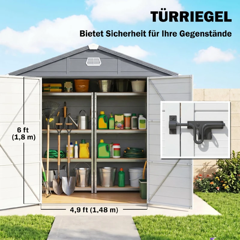 Outsunny Gerätehaus, Gartenhaus, Geräteschuppen mit Lüftungsfenster, Kunststoff, Metall, 240 x 190 x 180/228, Grau(m-7)