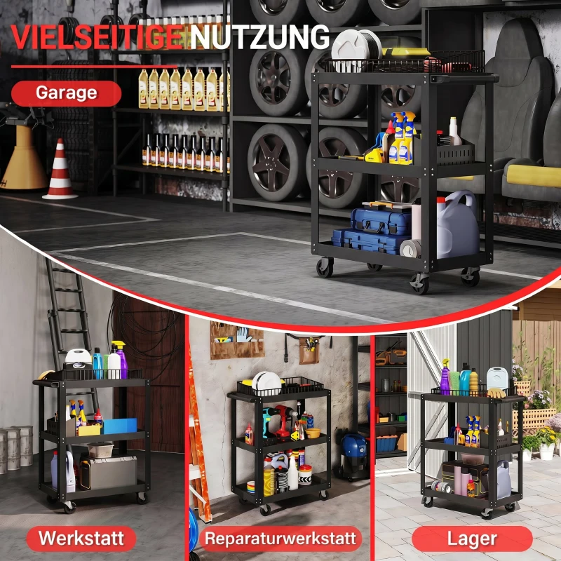 HOMCOM Werkstattwagen mit 3 Ablagen und Seitenhalter, 4 Rollen, 70,5 x 35 x 82,5 cm, Schwarz
