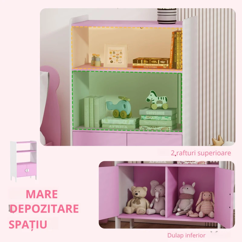 AIYAPLAY Raft de cărți pentru copii, 2 rafturi, 2 dulapuri, independente, design anti-răsturnare, picioare anti-alunecare, MDF, Roz+Alb