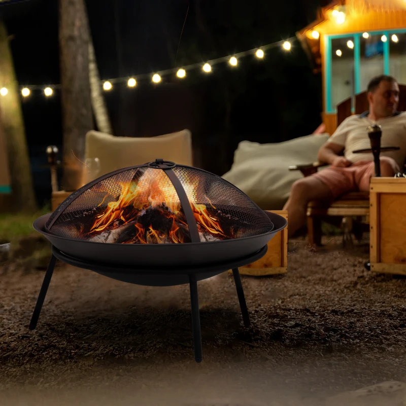Outsunny Brasero de Exterior con Tapa y Atizador Pozo de Fuego de Metal para Terraza Patio Jardín Ø47x33 cm Negro