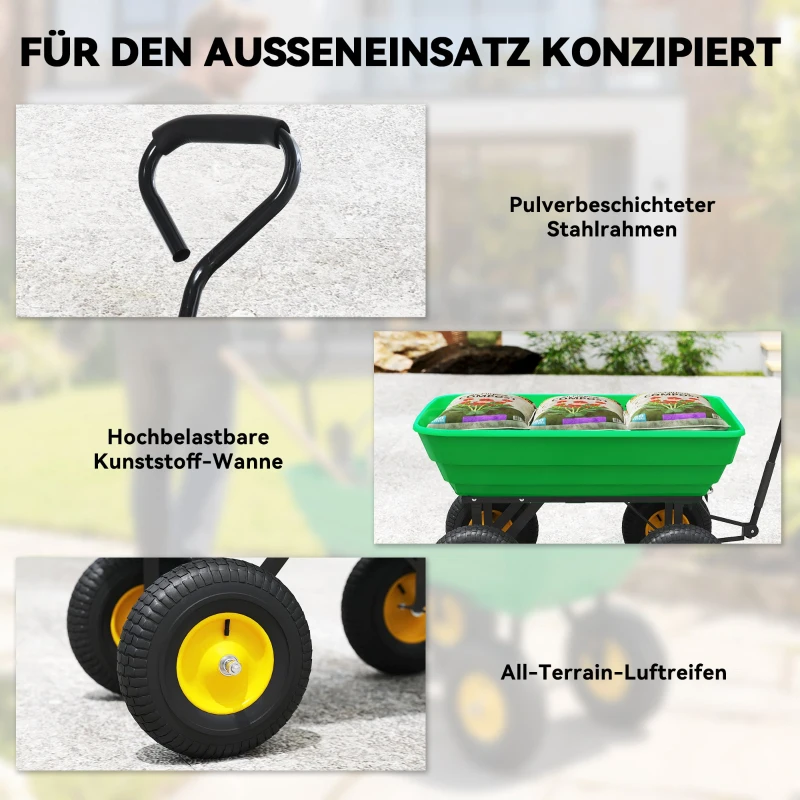 Outsunny Gartenwagen mit Kippfunktion bis 200 kg Handwagen mit 75 Liter Kunststoffwanne Ziehgriff Luftbereifung Dunkelgrün