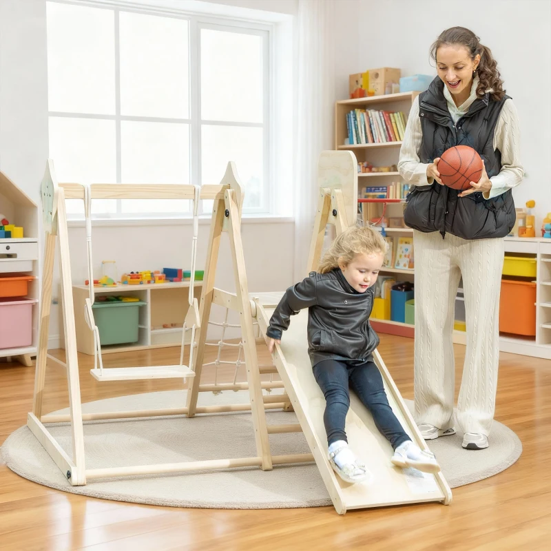 AIYAPLAY Tobogán Infantil 5 en 1 Estructura de Escalada con Tobogán Columpio Aro de Baloncesto Tabla Red de Escalada Natural