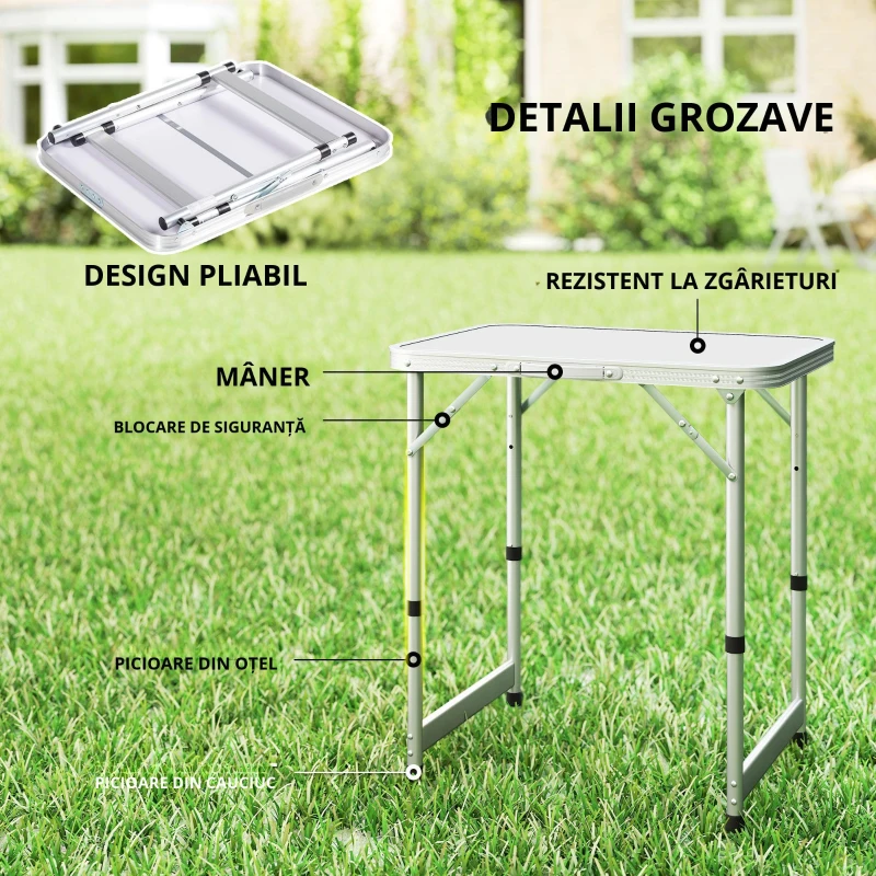 Outsunny Masă de Camping Pliabilă, Masă Universală, Masă de Transport pentru Grădină, Aluminiu, Alb 60 x 45 x 47,5/64 cm
