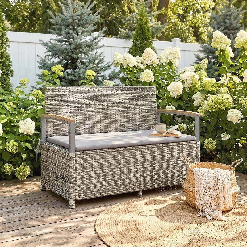 Outsunny 170 L Garden Storage Bench with Zipped Liner, 2 Seater Rattan Garden Bench with Storage, Gas Strut, Cushion, Light Grey