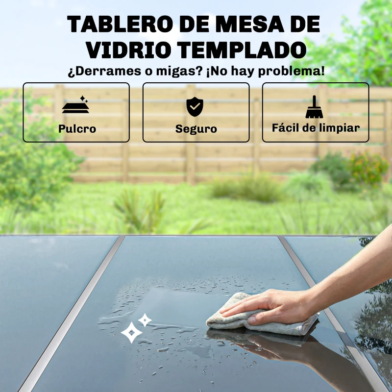 Outsunny Conjunto de Mesa y Sillas Jardín con Mesa de Vidrio Templado y 6 Sillas Apilables Transpirables para Terraza Negro