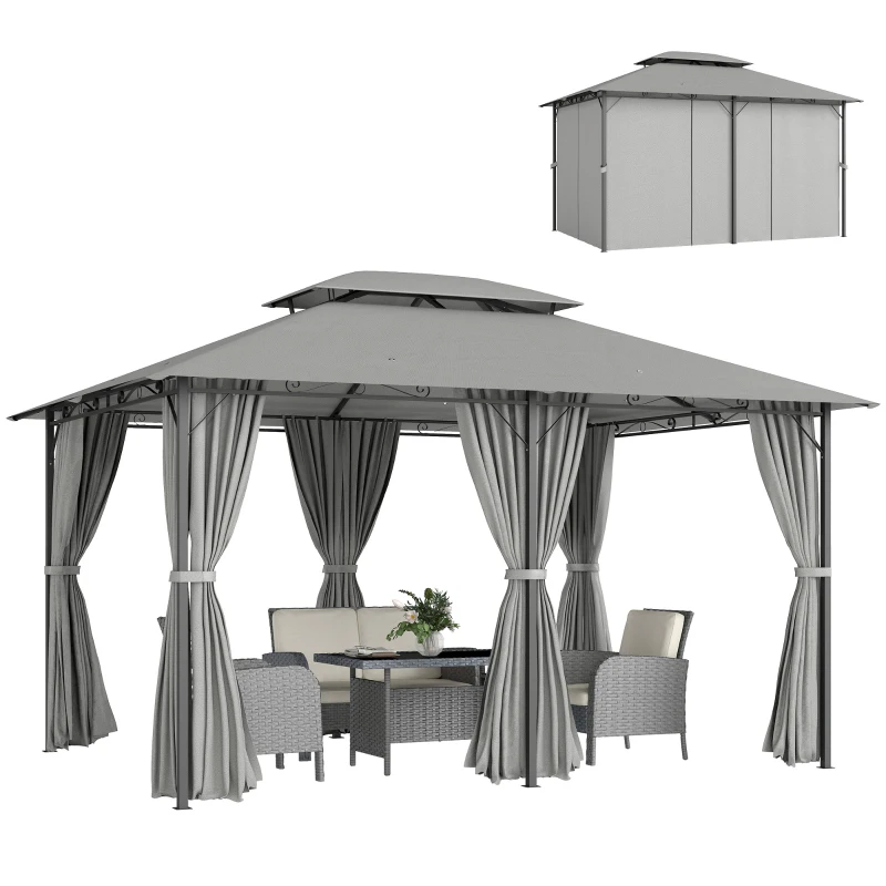 Outsunny Pavillon 3x4m Gartenpavillon mit 6 Seitenteilen Partyzelt Gartenzelt Festzelt mit Doppeldach Dunkelgrau