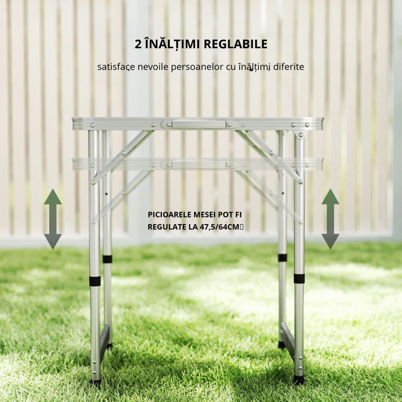 Outsunny Masă de Camping Pliabilă, Masă Universală, Masă de Transport pentru Grădină, Aluminiu, Alb 60 x 45 x 47,5/64 cm