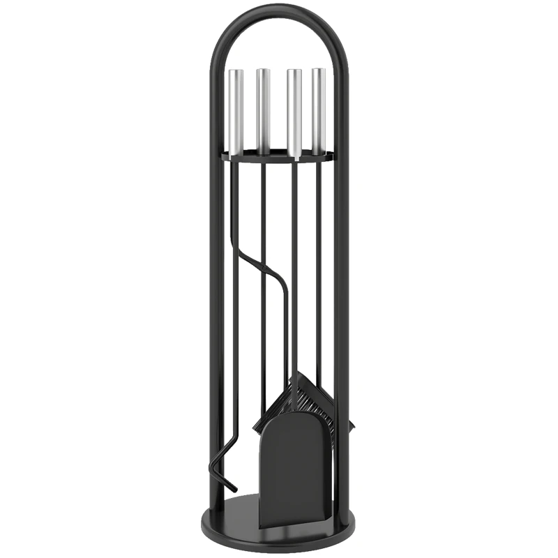 Outsunny Haardgereedschap 5-delig – bezem, schep, haak, tang & standaard, zwart