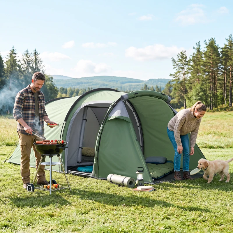 Outsunny Tienda de Campaña Familiar 2 Personas Plegable Impermeable a Prueba de UV 20+ con Vestíbulo 426x206x154 cm Verde