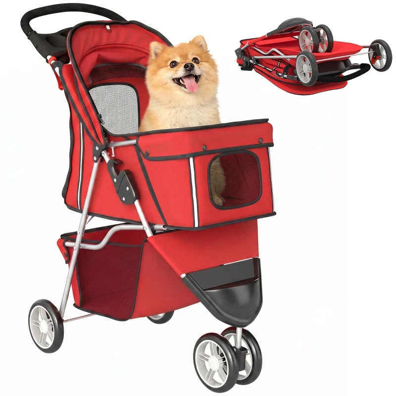 PawHut Hondenbuggy Inklapbaar met Opbergmand, Kussen, Mesh-Ramen en Bekerhouder voor Kleine Honden tot 10 kg Rood