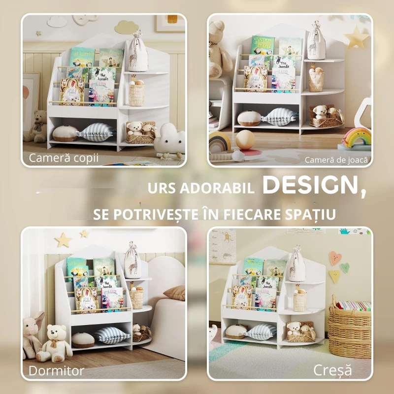 AIYAPLAY Raft pentru copii cu 7 rafturi pentru cărți, jucării, margini rotunjite, susține 40 kg, Alb