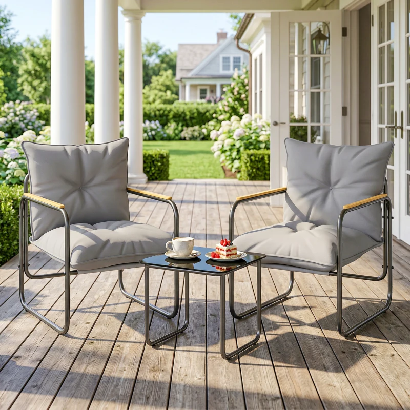 Outsunny Set Bistro 3 Piese, Mobilier Exterior Metal cu Perne, Gri Întunecat