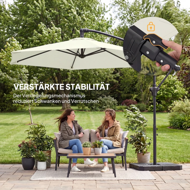 Outsunny Ampelschirm ca. Ø300 cm Sonnenschirm mit Verriegelungsmechanismus Kurbel Ständer Gewichten Cremeweiß