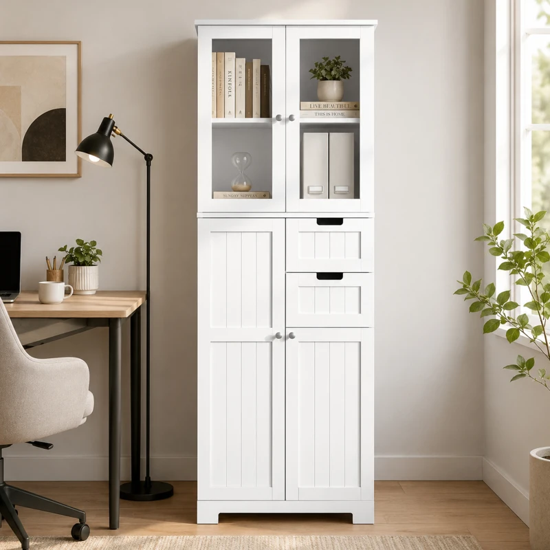 HOMCOM Meuble haut de rangement, armoire avec portes vitrées et étagères réglables pour salle de bain, cuisine, salon, blanc