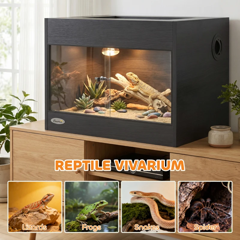 PawHut Terrarium pour Reptiles en Bois OSB, Porte en Verre Trempé, Serrure Sécurisée et Couvercle Amovible, 60x45x45cm, Noir