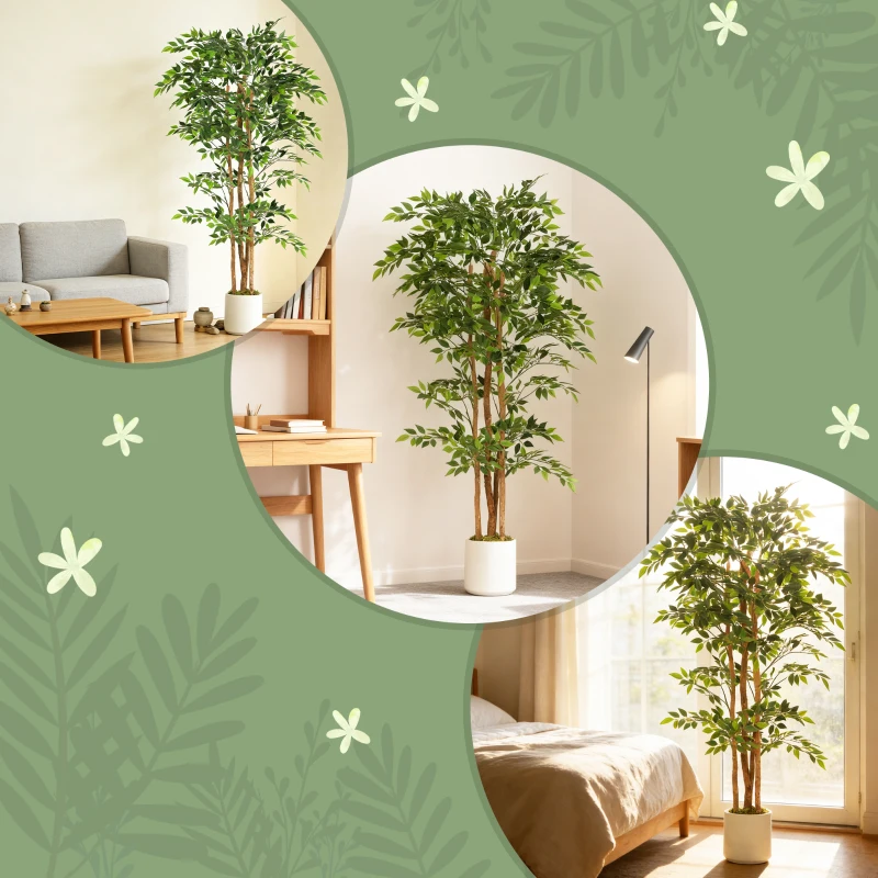 HOMCOM Kunstmatige banyanboom kunstplant met massieve houten stam, pot, voor woonkamer slaapkamer kantoor 75 x 75 x 180 cm groen