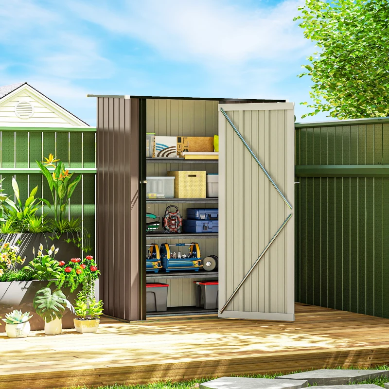 Outsunny Gerätehaus 1,07 m² mit Schrägdach, 142 x 86 x 189 cm Geräteschuppen mit abschließbar Tür, Gartenhaus, Stahl, Braun