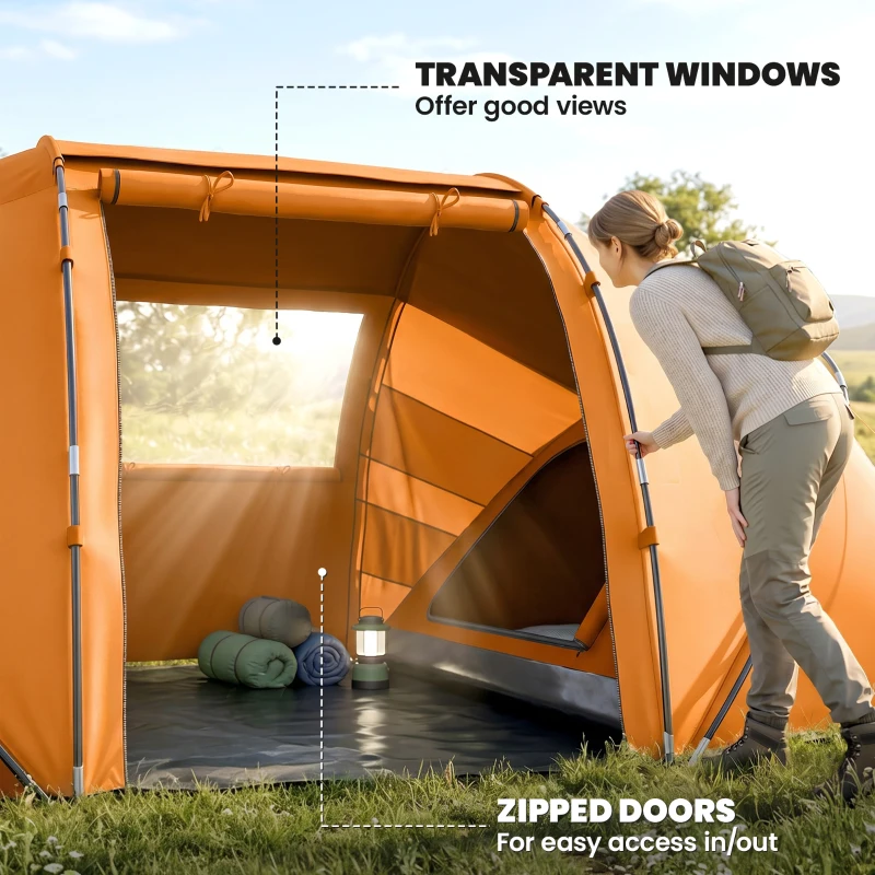 Outsunny 4 Man Camping Tent, UV Protection Tunnel Tent with 2 Bedrooms and Living Area, Large Hiking Sun Shelter, 430 x 240 x 170 cm, Orange