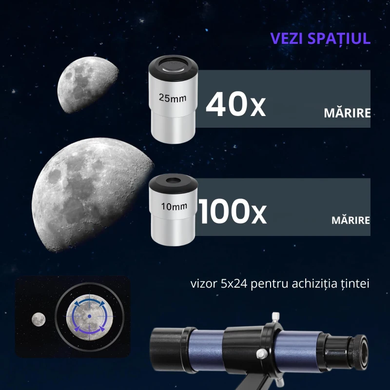 Outsunny Telescop reflector, obiectiv 114 mm, 2 oculare, lunetă de căutare, aluminiu, albastru închis