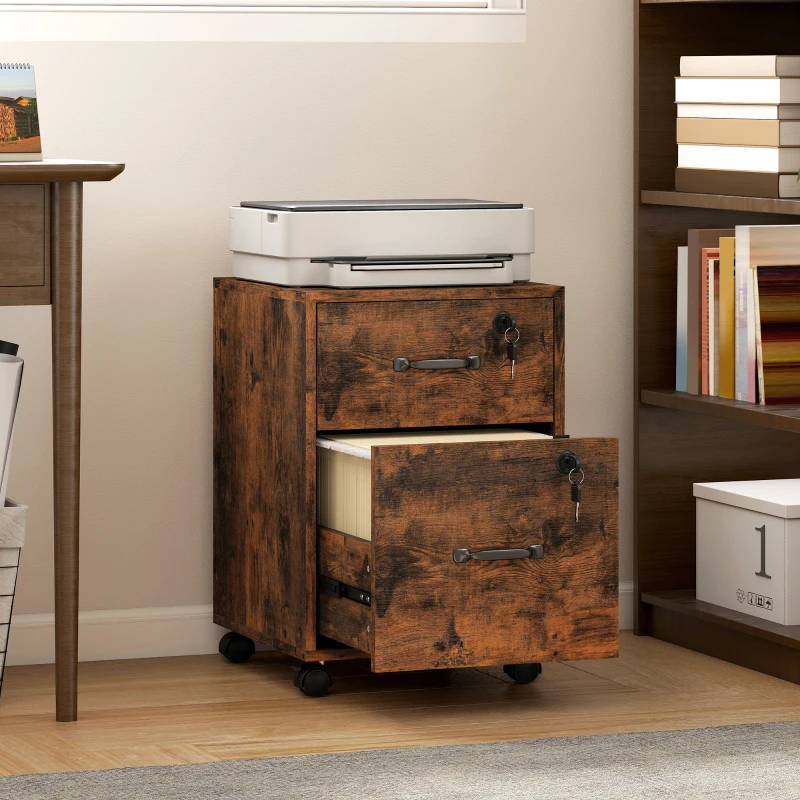 HOMCOM Caisson bureau mobile à 2 tiroirs, meuble rangement bureau sur roulettes pour documents suspendus format lettre, marron