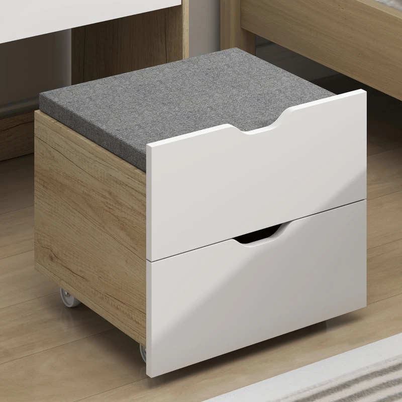 HOMCOM Coiffeuse avec miroir rabattable et tabouret de rangement, table de maquillage, 2 tiroirs, siège rembourré, chêne blanc