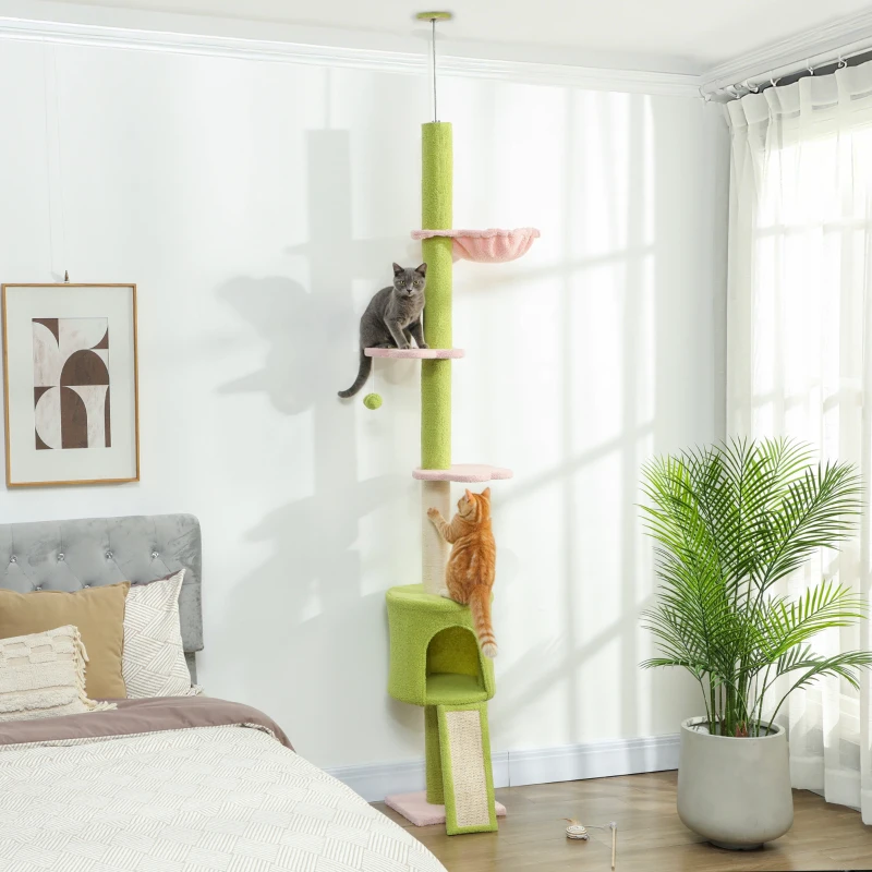 PawHut Katzenbaum, Höhle, Hängematte, verstellbare Höhe, Kratzbaum mit Stoffbezug, Grün