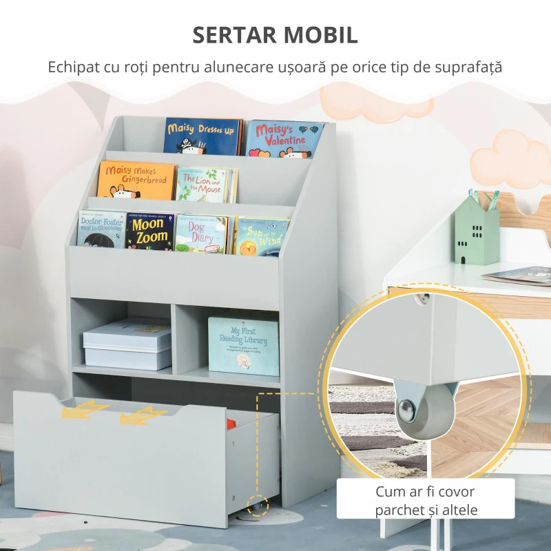 HOMCOM Bibliotecă etajeră Multi-Depozitare 3 rafturi 2 nișe Sertar mare din lemn Gri