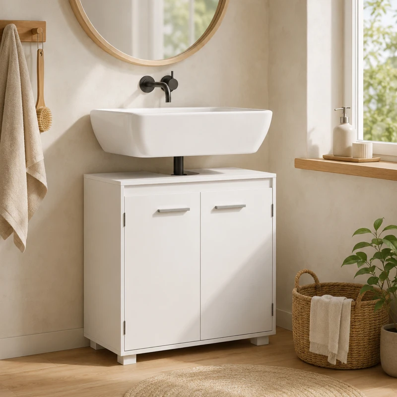 HOMCOM Dulap sub lavoar, mobilier modern independent pentru baie cu decupaj în formă de U, raft reglabil, Alb