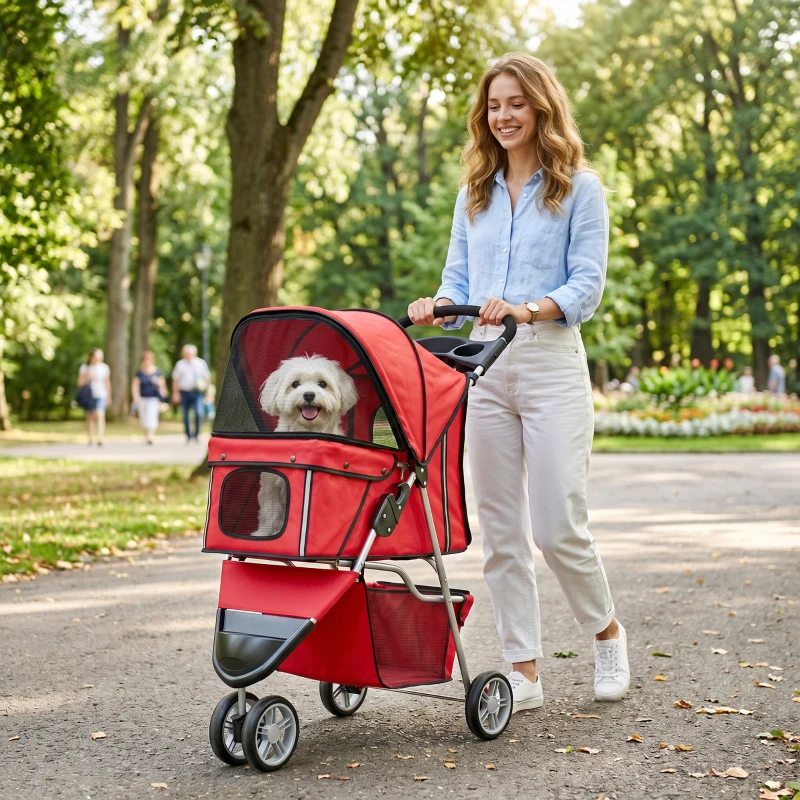 PawHut Hondenbuggy Inklapbaar met Opbergmand, Kussen, Mesh-Ramen en Bekerhouder voor Kleine Honden tot 10 kg Rood