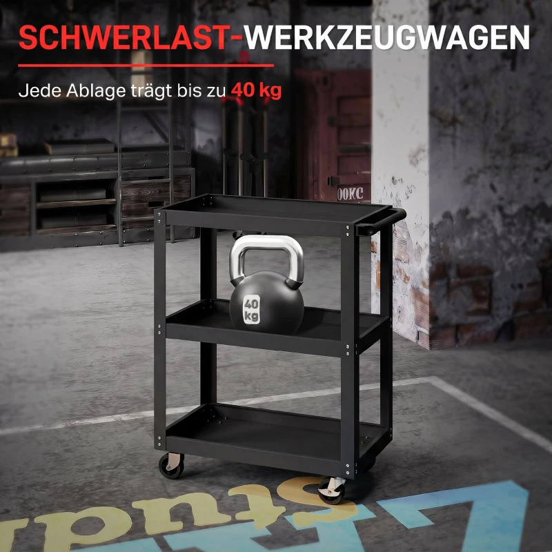 HOMCOM Werkstattwagen mit 3 Ablagen und Seitenhalter, 4 Rollen, 70,5 x 35 x 82,5 cm, Schwarz