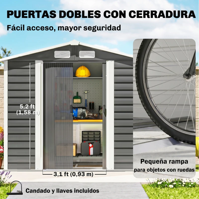 Outsunny Cobertizo Metálico para Jardín 213x120x166/194 cm con Base Refuerzo Puertas Correderas y Ventilaciones Gris Oscuro