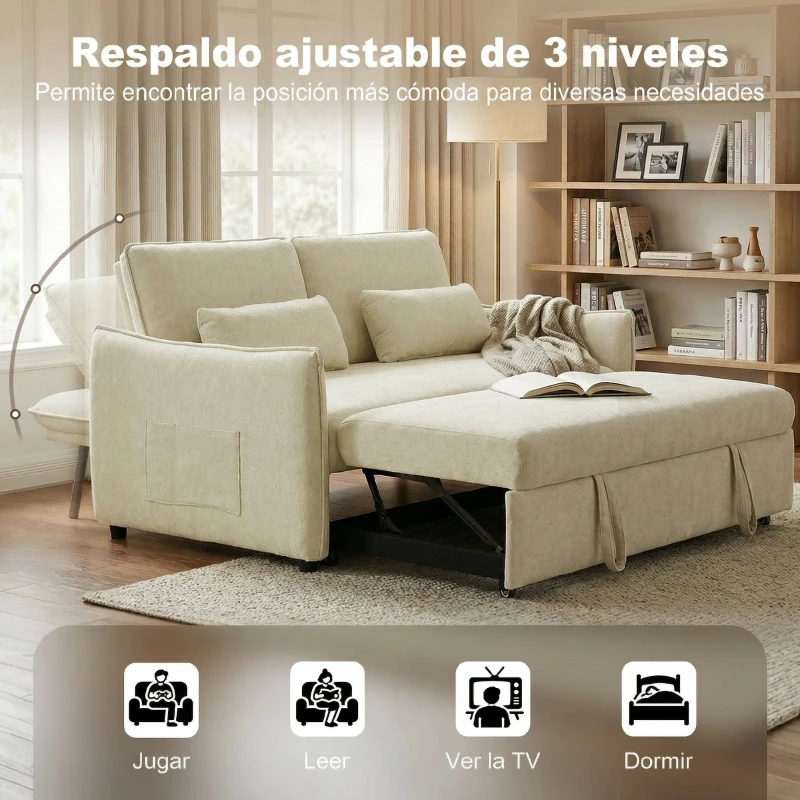 HOMCOM Sofá convertible 2 plazas 3 en 1, sofá cama clic-clac en chenilla con respaldo ajustable, portavasos, beige
